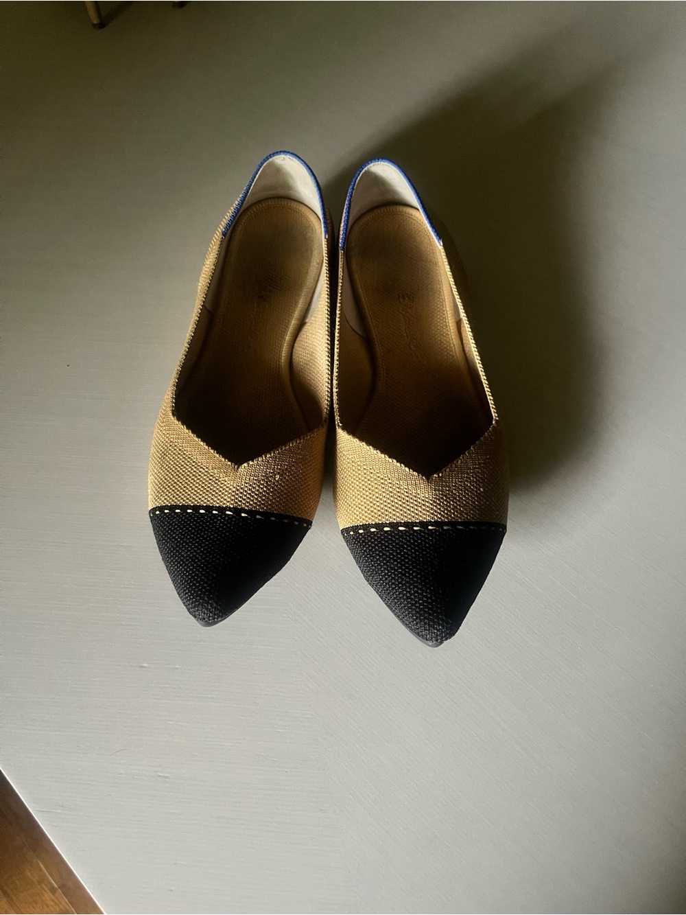 Rothy's Two-Tone Pointed Ballet Flat in Tan and Black
